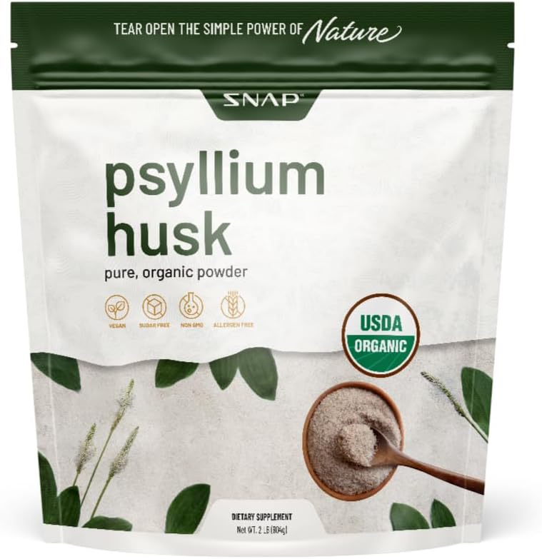 Snap Supplementen Psyllium Husk USDA Organisch Poeder, Ondersteuning Gezond Gut, Reinigen Digestief Systeem, Hulpmiddelen Digestieve Gezondheid, Niet-GMO, Pure Organisch Poeder, 2LB
