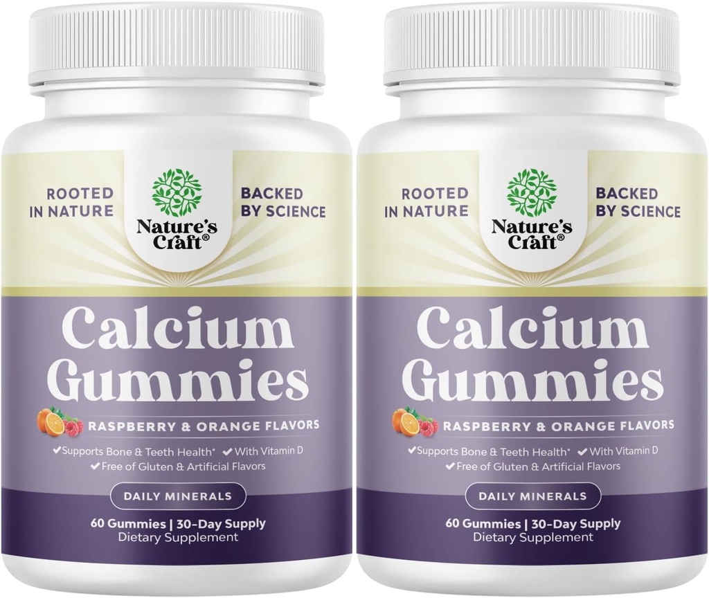 Natures Craft Hoge Absorptie Calcium Gummies met Vitamine D3 - Heerlijke Calcium Gummies voor Volwassenen - Kauwbare en vitamine D Supplement voor Bone Health en Immune Ondersteuning Gelatine-Free 60ct (2 Pack)