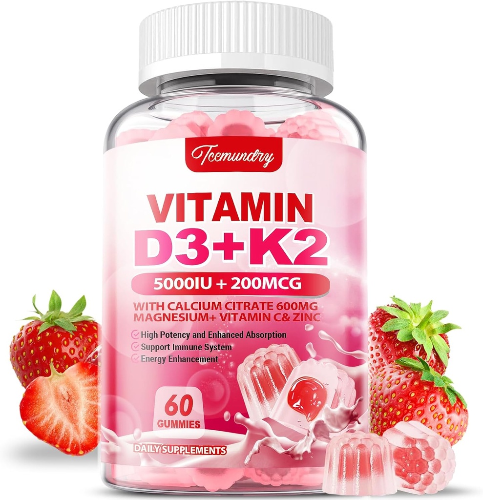 Vitamine D3 K2 Supplement voor volwassenen - Vitamine D3 5000 IE + K2 200 mcg - VIT D3 K2 Gummies met Calcium 600mg Magnesium Zink & vitamine C voor vrouwen Mannen - Ondersteunt B0ne, Spierimmune
