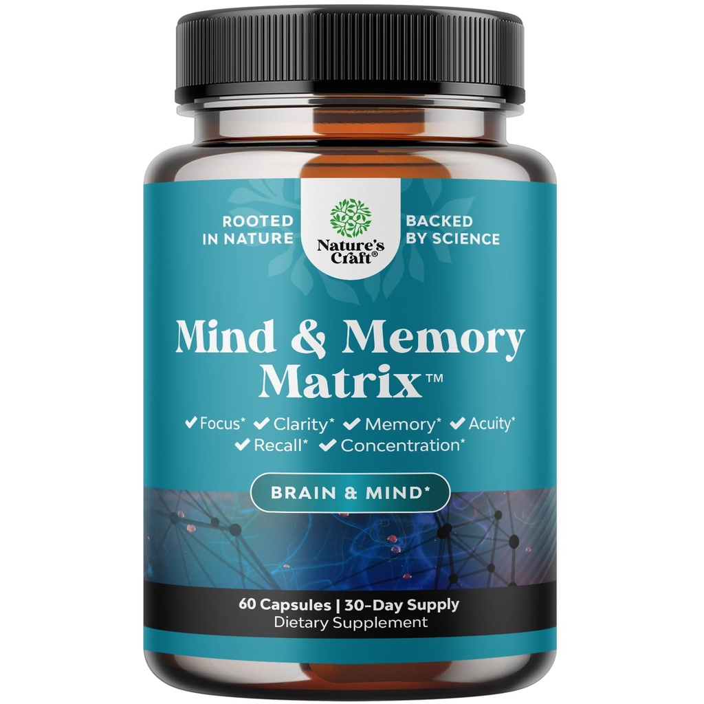 Supplément naturel d'esprit et de mémoire pour augmenter la performance mentale et la clarté soutient la fonction cérébrale faite avec l'extrait de thé vert pur Bitartrate DMAE et vitamines 60 Capsules par Natures Craft