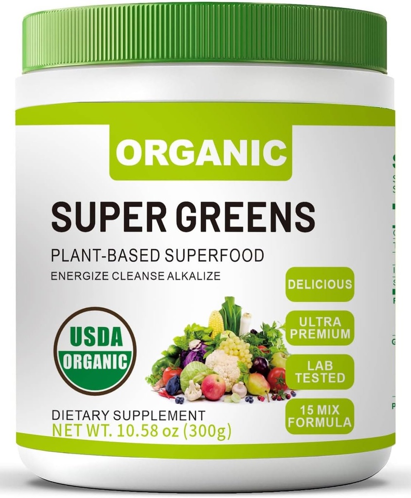 Organic Super Green Superfood Powder with Spirulina & Chlorella for Gut Health, Supports Immunity, Digestief Health, Natural Energy, Probiotic, Antioxidant, Digestieve Enzymes, (300grs)