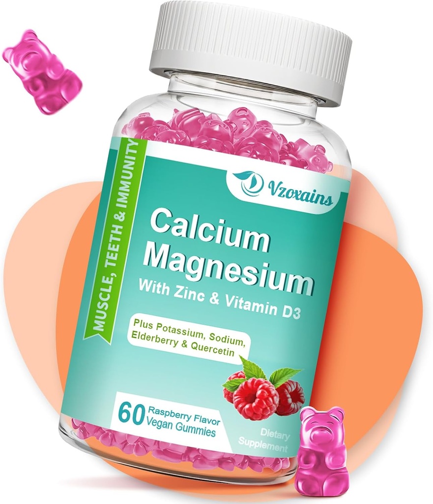 Hoge Absorptie Calcium Gummies, Calcium Magnesium Zink met Magnesium Glycinate, Kalium, Vitamine D3 voor Vrouwen & Men- Raspberry Flavored 60 Ct