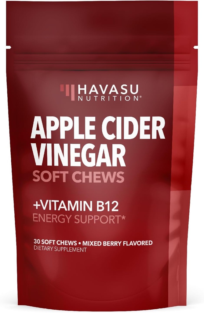 Apple Cider Vinegar Kauwt met vitamine B12 en Folate - Handige ACV-supplementen voor energie en spijsvertering gezondheid - 30 Telling - Individueel verpakt - gemengde Berry Flavor, Vegan - 1 maand levering
