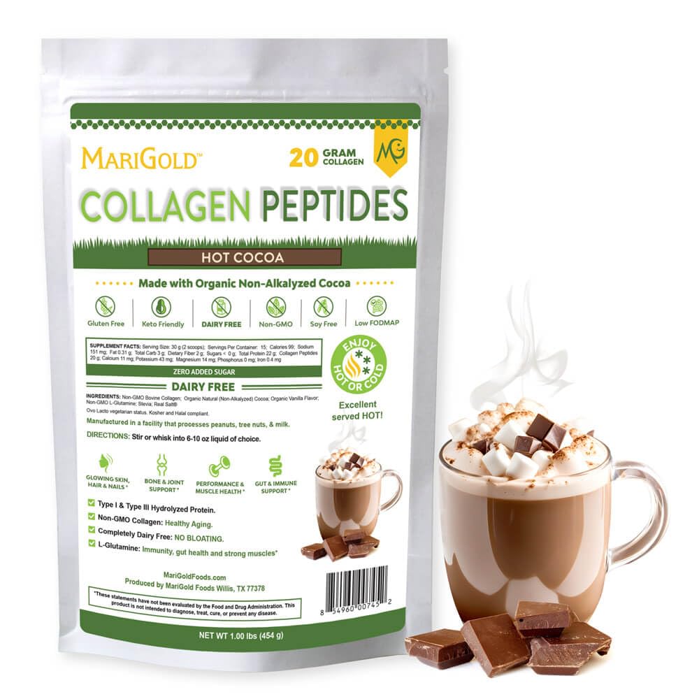 MariGold Grass-gehydrolyseerde Collageen Peptides Powder Hot Cocoa 1LB - 100% Pure, Type I & III Bovine Hydrolyzed Collageen, Non-GMO, Hormone Free, Sojavrij, Glutenvrij, Zuivelvrij, Keto-vriendelijk
