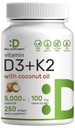 SUPPLÉMENT DE DÉAL Vitamine D3 5 000 UI + K2 MK7 softgels 100mcg Complexe 2-en-1 avec huile de coco vierge.