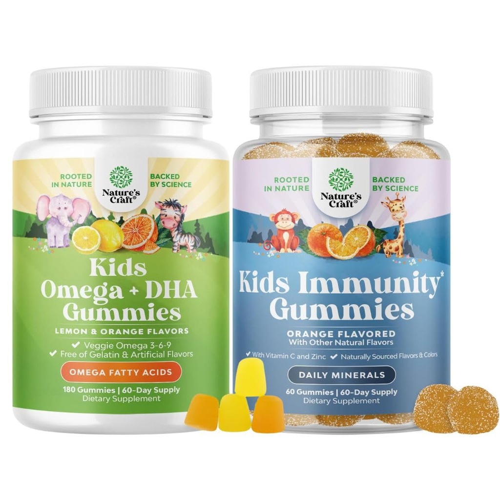 Bundel van Omega DHA Gummies voor kinderen - Vetzuren Omega 3 6 9 met vitamine C voor hersenen, immuniteit & visie en kinderen Immuniteit ondersteuning Gummies - Heerlijke vitamine C met zink & echinacea Immune Booster