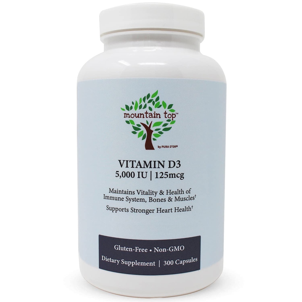 MOUNTAIN TOP Vitamine D3 5000 IE 125mcg Capsules (300 telling) helpt Immuungezondheid, sterke botten en tanden, & spierfunctie - Non-GMO, Glutenvrij