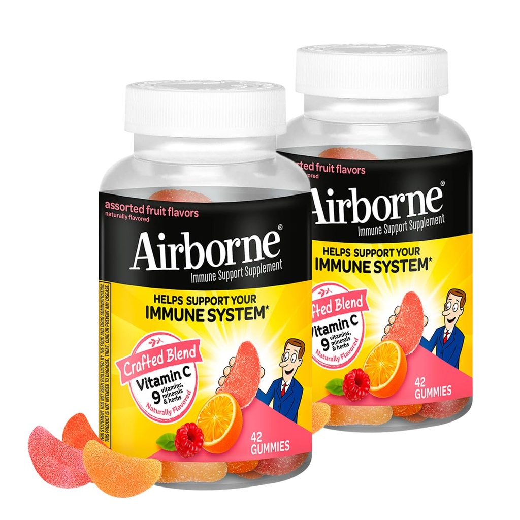 Airborne 750mg Vitamine C Immuun Ondersteuning Supplement Gummies voor volwassenen, Assorted Fruit smaak, Glutenvrij vervaardigd mengen met krachtige antioxidanten Vitaminen A & E, 42 Gummies (2 Pack)