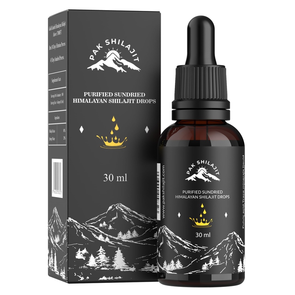 PakShilajit® Zongedroogde Himalaya Shilajit vloeibare druppels, de meeste Premium & Organic Gold Graded Shilajit druppels boven 17000FT (30ML Pack), rijk aan Fulvic Acid Humic Acid Natural Supplement
