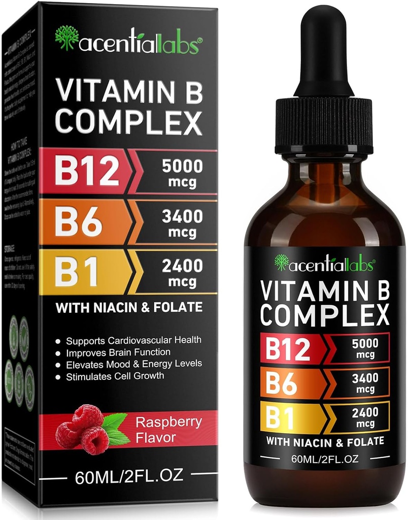 Vitamine B12 Liquid Drops - Biologische Vitamine B12 Sublingual Drops - Biologische Vitamine B-Complex B5 Pantothenic Acid - Vegan B12 Sublingual 5000 mcg met Vitamine B6, Liquid B12 Methylcobalamine Ondersteuningen