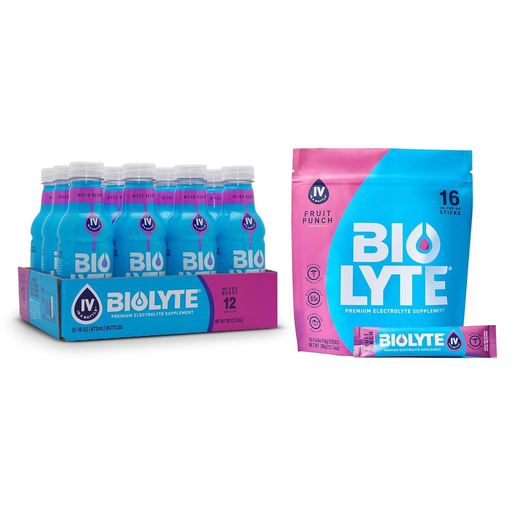 BIOLYTE Electrolyte Drink & IV Hydration Drink Mix - Doctor-Formulated FSA & HSA Electrolytes Liquid, Rehydration Powder Packets, Chemotherapie Must Haves for Women & Men - Berry, 12 Flessen, 16 Sticks