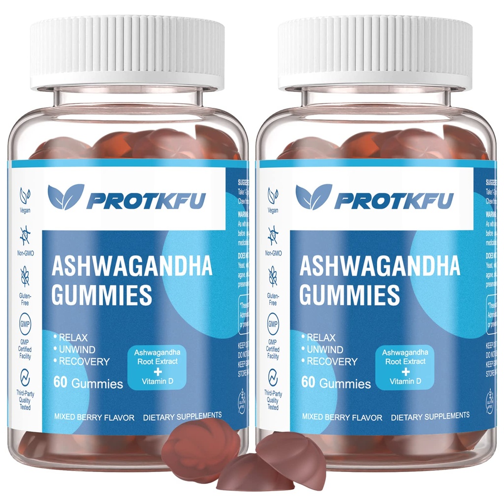 2 Pack Ashwagandha Gummies & Vitamine D3 Gummies Supplément Aswangdha biologique pour améliorer le sommeil, le stress et l'humeur calme (non-OGM, sans gluten et sans sucre)