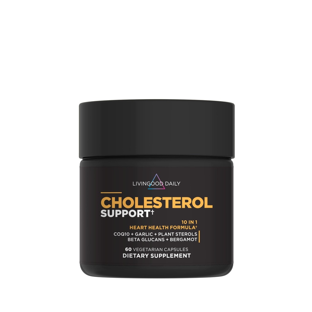 Supplément de soutien quotidien au cholestérol Livingood avec ail, coQ10, vitamine E, Bergamote, stérols végétaux pour le soutien du corps et du cœur, soutient les LDL et les triglycérides, sans gluten, végétalien, 60 capsules