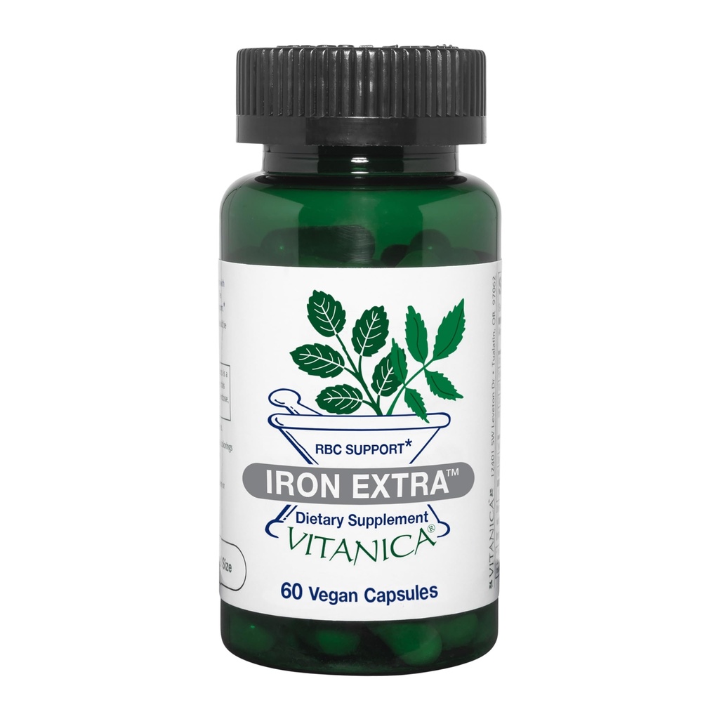 Vitanica Iron Extra, supplément de fer Absorption améliorée avec la vitamine C 500mg, méthylfolate 400mcg, B12 Vitamine 500mcg, Calcium, Dock jaune, Extrait de racine de dandelion et de feuille de neige, végétalien, 60 Capsules