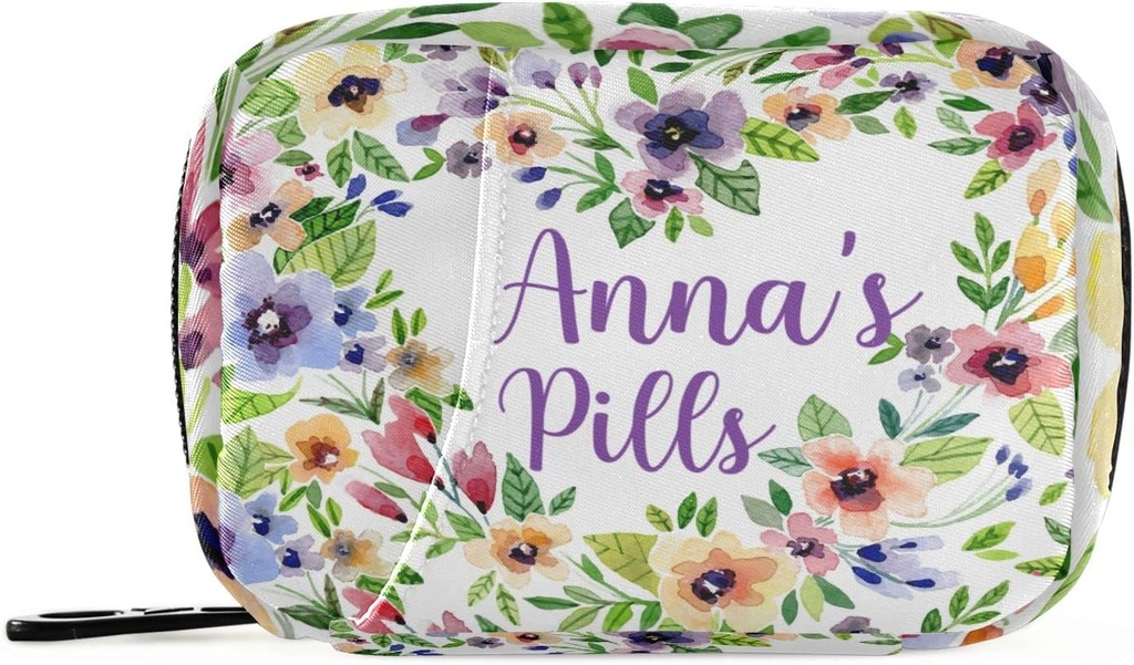 Aangepaste pil Box 7 Dag pil Case Bag Aquarel Lente Bloemen Gepersonaliseerde Naam Reis pil Organizer Bag met rits draagbare Weekly Case Compacte grootte voor vitamine supplement houder