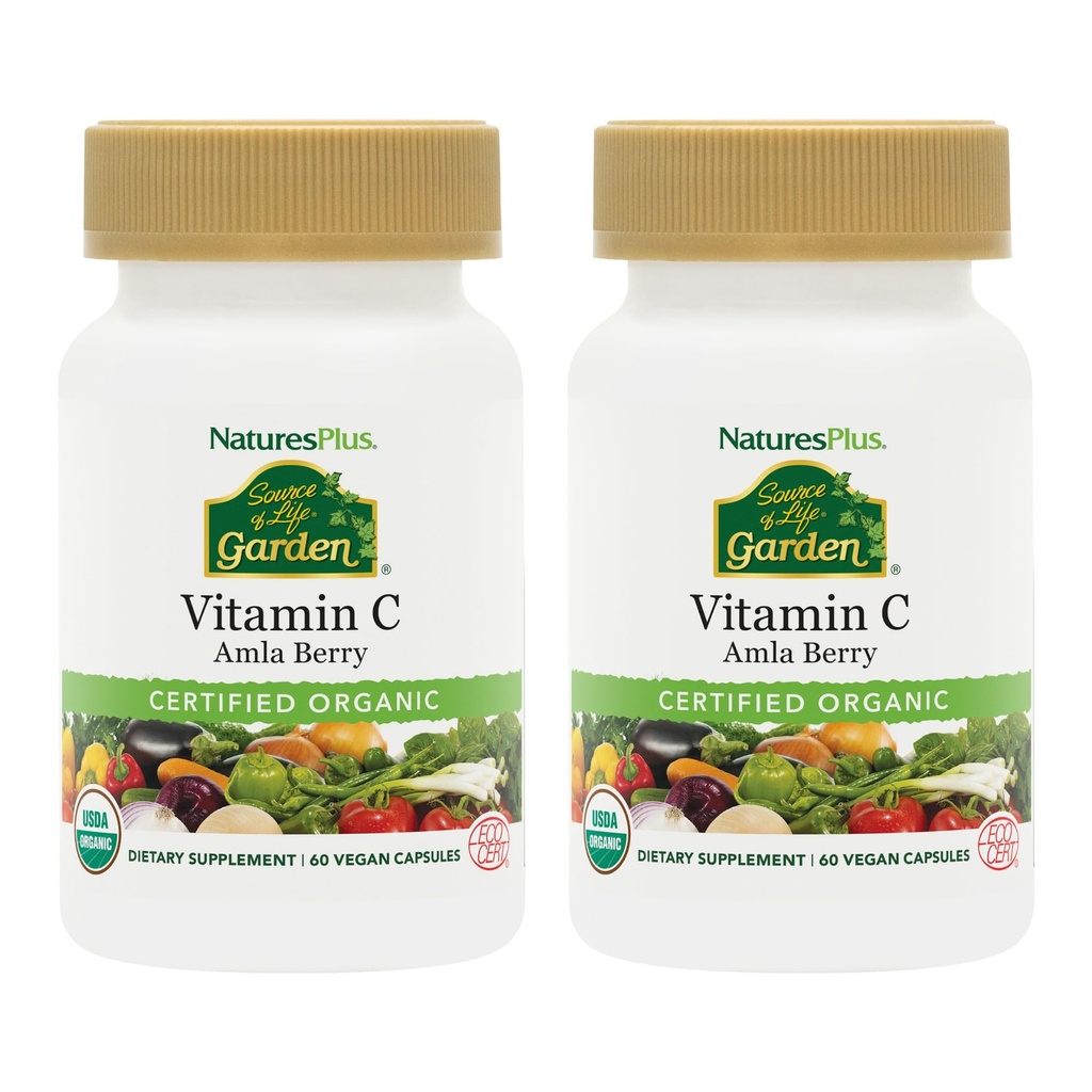 NaturesPlus Bron van Life Garden Vitamine C - 60 Vegan Capsules, Verpakking van 2 - Immuun Systeem Ondersteuning - Gecertificeerd Biologische, Non-GMO, Glutenvrij - 60 Totaal porties