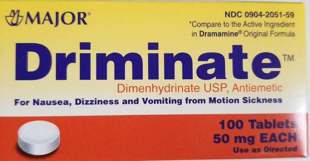 Majoor Driminate® Dimenhydrinaat 50mg 100 Ct voor misselijkheid, duizeligheid en braken van bewegingsziekte