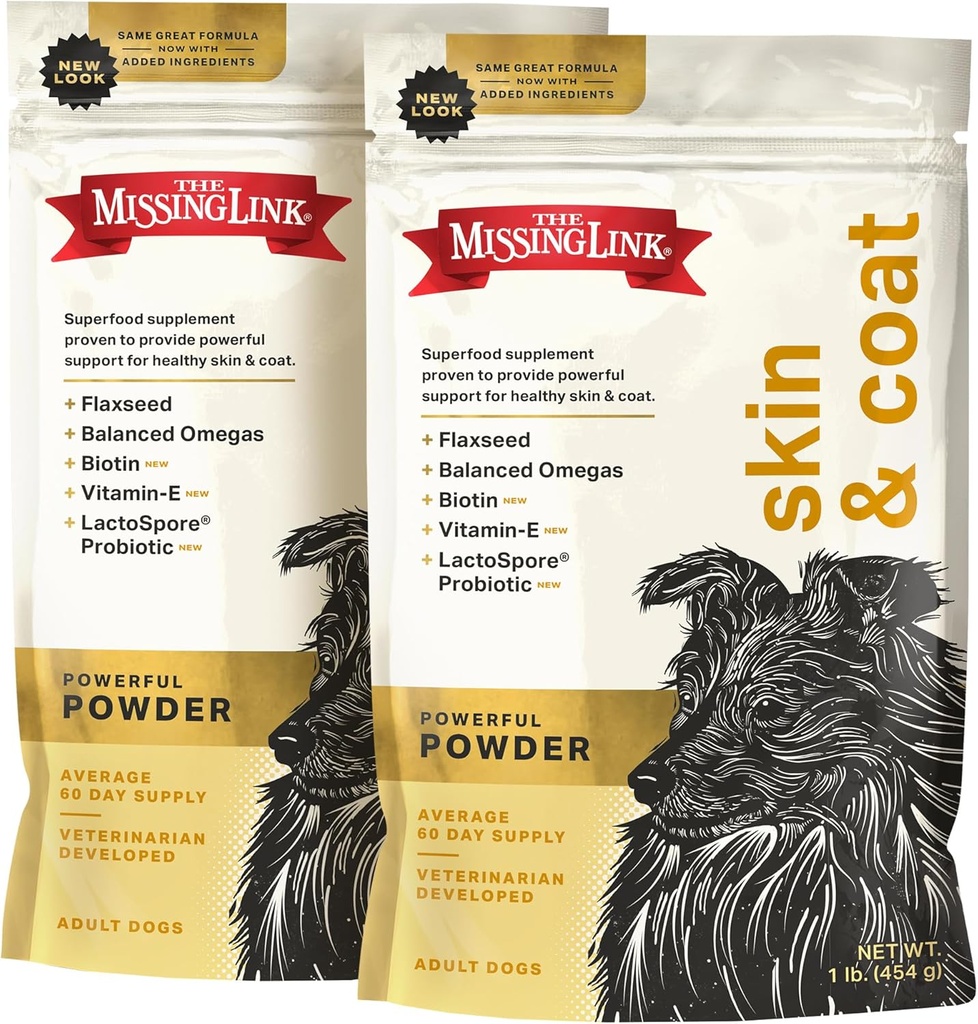 The Missing Link Skin & Coat + Probiotica Supplement 1lb Bag 2/Pack - Krachtige Superfood Powder voor honden Ondersteunt gezonde huid en glanzende jas, bevordert de haargroei