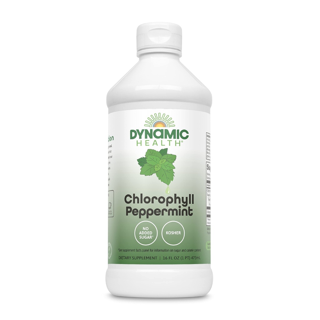 Dynamic Health Liquid Chlorofyl Peppermint 100 mg, Natrium Koper Chlorofylen met Alfalfa en Mulberry bladeren, Plant Cleanse en Deodoriseren, Geen toegevoegde suiker, 16 Fl Oz