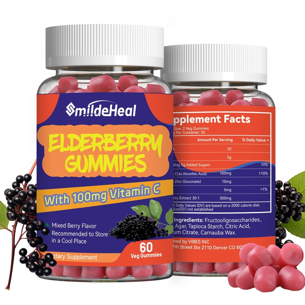 Vlierbessen Gummies, Vlierbessen Extract 300mg, met vitamine C en zink, aardbeiensmaak Gummies, Non-GGO's, Glutenvrij, Vegan-Vriendelijk, Immune Support, 60 Tellen (pakket van 2)
