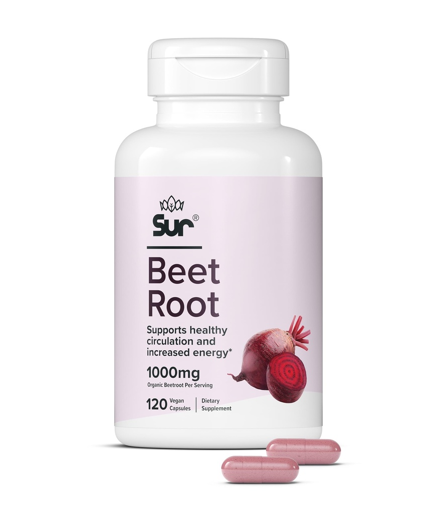 Sur Organic Beet Root Capsules 1000mg - Supports Healthy Circulation and Increased Energy - Nitric Oxide Superfood (120 Capsules)