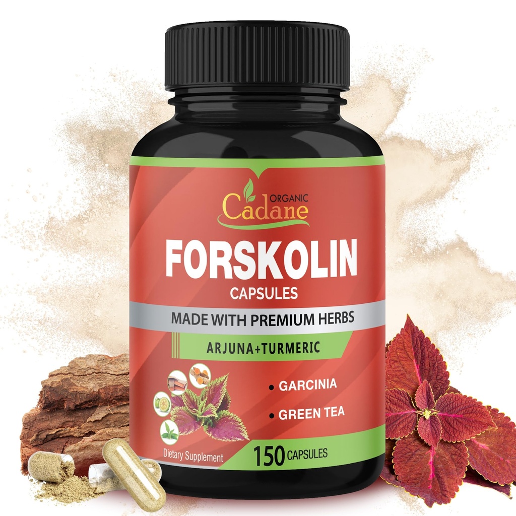 Capsules de supplément de forskolin de Cadane bio - 5 en1 concentrées avec Curcumine curcuma, Arjuna, Garcinia Cambogia et Thé Vert - 150 capsules pour 5 mois d'approvisionnement