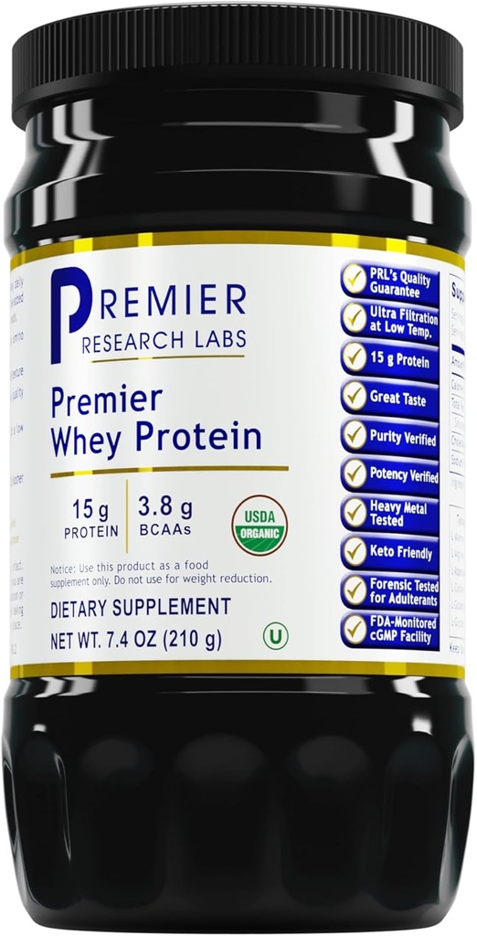 Premier Research Labs Whey Protein - Unflavored Premier Whey Proteine Powder, Organic Whey Protein Concentrate, Keto Friendly, Gemakkelijk Mixes met Dranken, Low Heat Filtered - 7,4 Oz