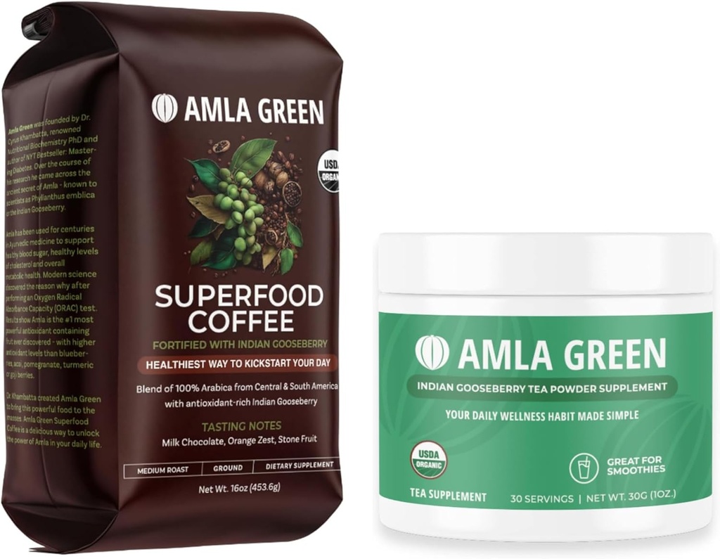 Amla Green Biologische Ground Superfood Koffie, Medium Roast Gourmet Koffie en 20X Geconcentreerde Originele Amla Power 30 Serveren