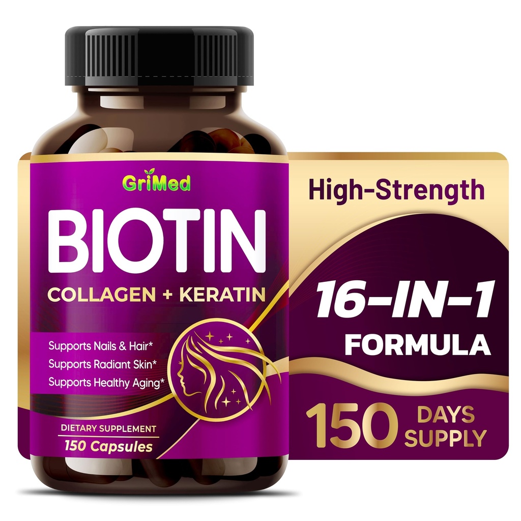 GriMed BIOTIN met collageen + keratine 7,275 mg sterke nagels & haar, stralende huid, gezonde veroudering- USA Made & Tested (150 Count (Pack of 1))