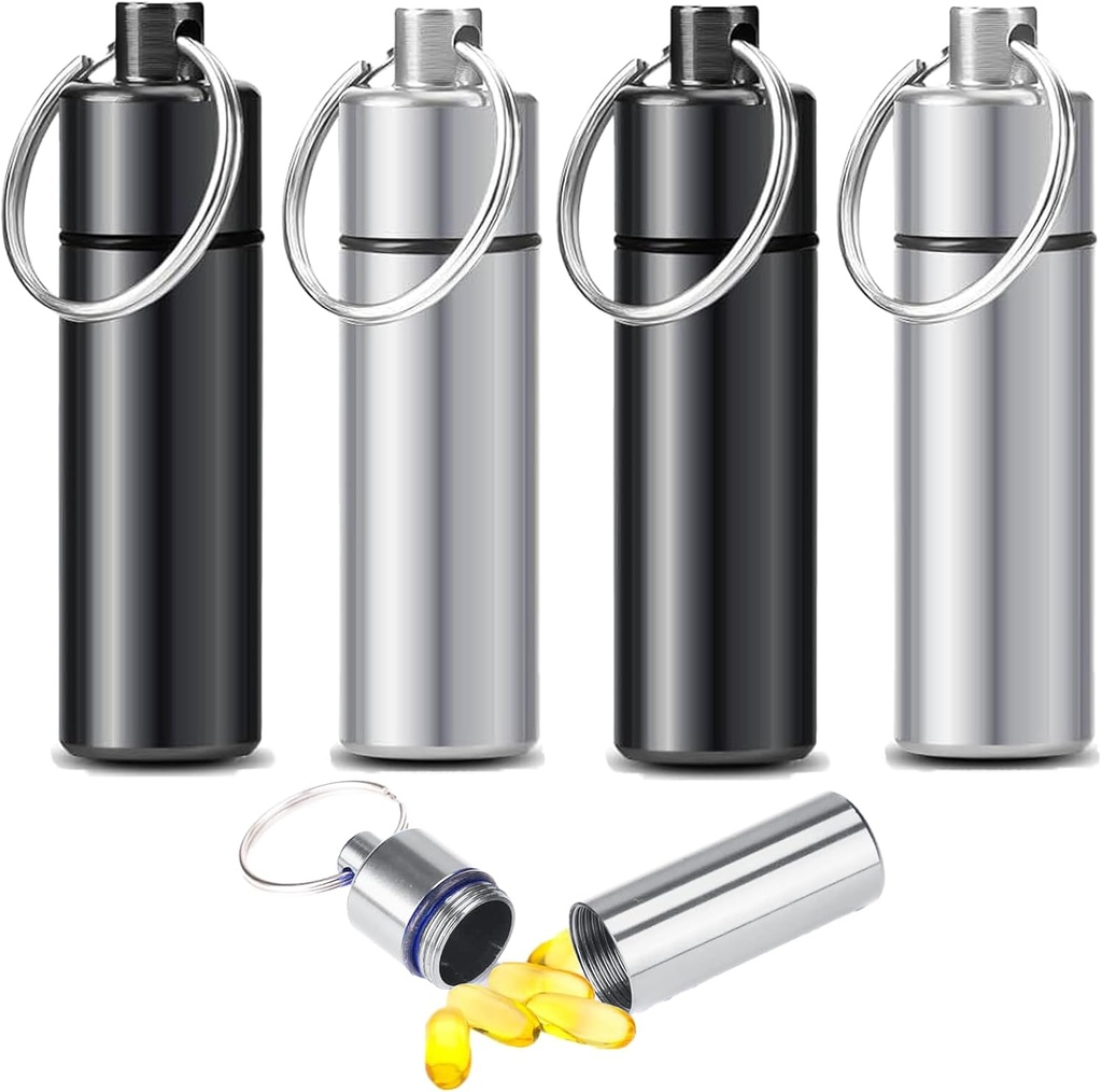 4 stuks pil geval, reis pil geval, sleutelhanger pil houder, draagbare container Mini metalen behuizing, kleine draagbare waterdichte pil dozen met sleutelhanger, medicijn fles voor Outdoor Camping reizen