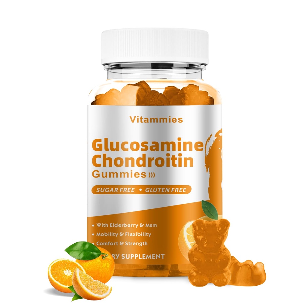 Glucosamine Chondroïtine Gommies avec MSM & Elderberry Extra Strength - Soutien articulaire, Supplément de soutien immunitaire antioxydant pour adultes, hommes et femmes Minéraux, coenzyme Q10, DHA - 60 Gommies Orange
