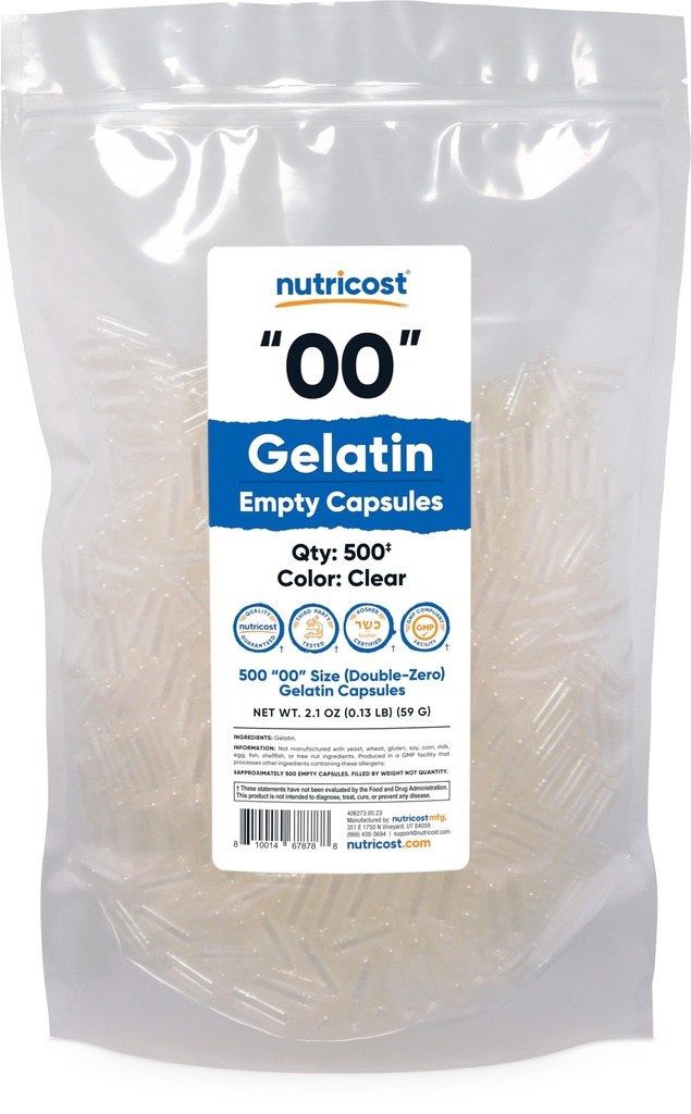 Nutricost Lege Capsules Maat 00-500 Heldere Lege Gelatine Capsules - Kosher Gecertificeerd, Niet-GMO, Sojavrij, Glutenvrij