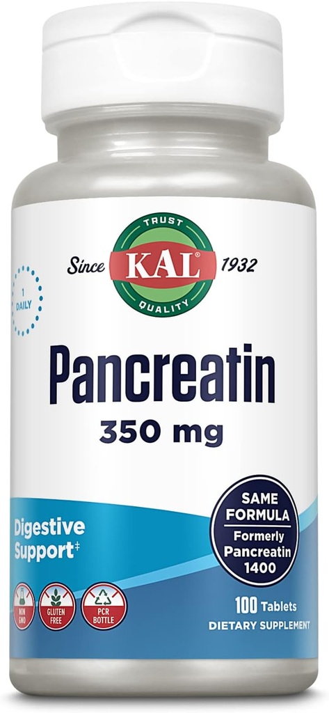 KAL Pancretan 350mg, Digestieve enzymen voor vrouwen en mannen, Pancreatrische enzymen voor Digestieve Gezondheidsondersteuning, Glutenvrij, Non-GMO, Snelle Disintegratie, 60 dagen garantie, 100 porties, 100 tabletten