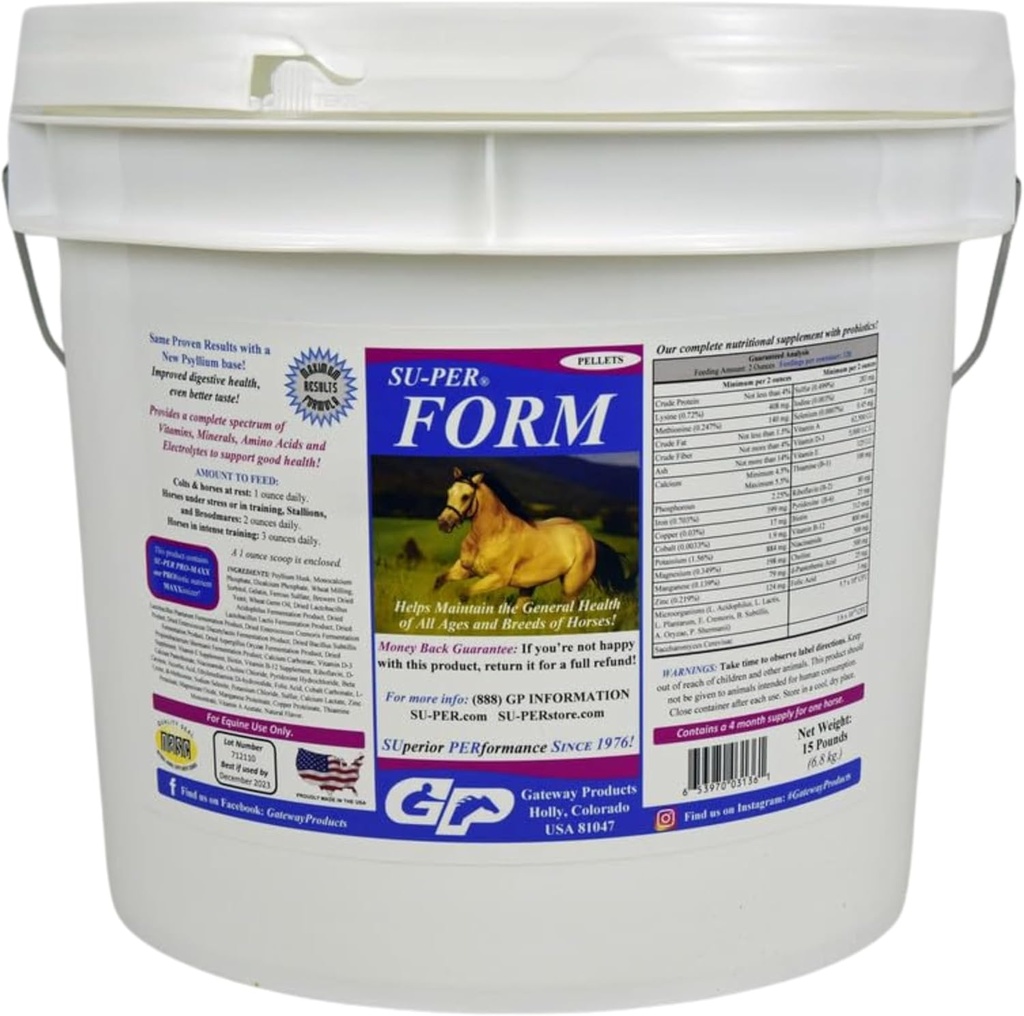 SU-PER vorm Paardenvitaminen en Mineralen Pellets - Voedingssupplement met Probiotica - Vitaminen, Mineralen, Aminozuren & Elektrolyten - Helpt bij het behoud van de algemene gezondheid - 15 pond, 4 maand levering