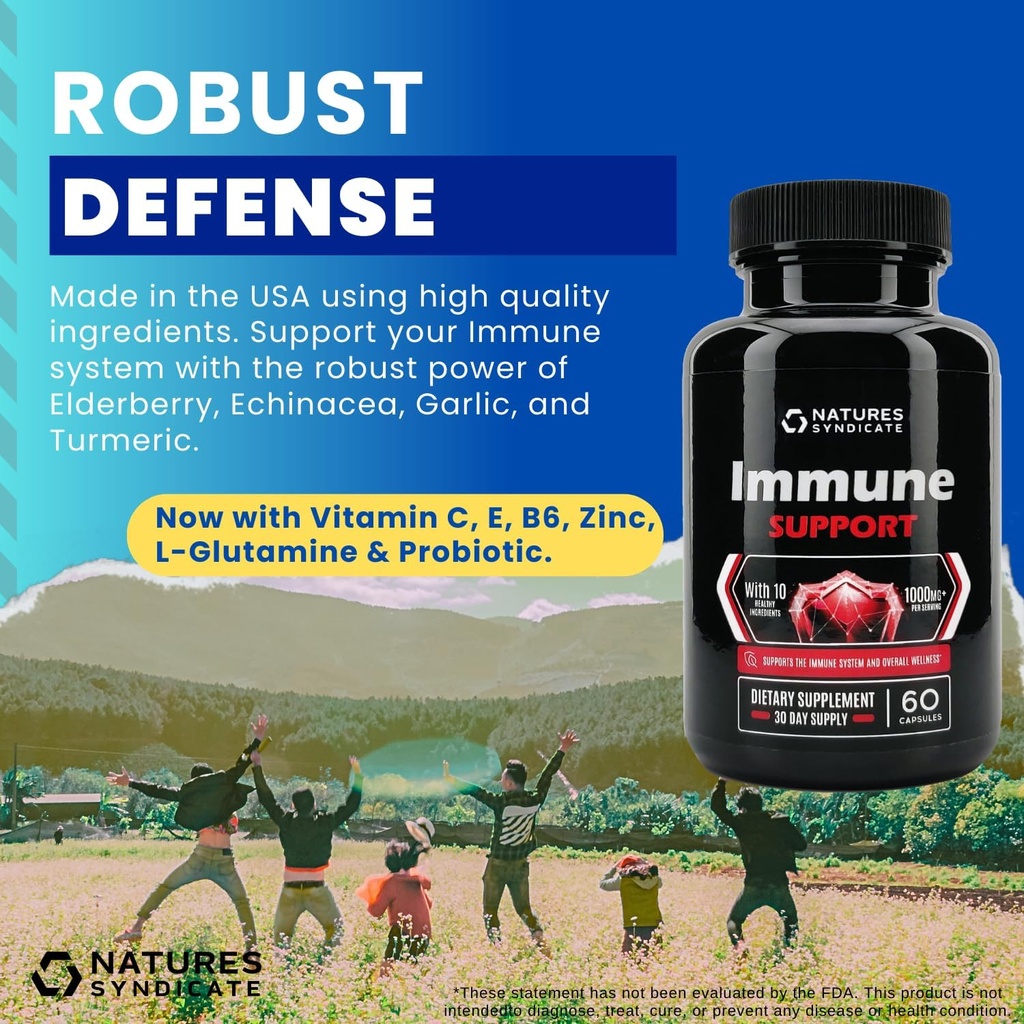 Immuunondersteuningssupplement - 10-in-1 met echinacea, vlierbessen, knoflook, kurkuma met zink, vitamine C, E, B6 & L-glutamine, 4,8 miljard CFU Probiotica voor volwassenen