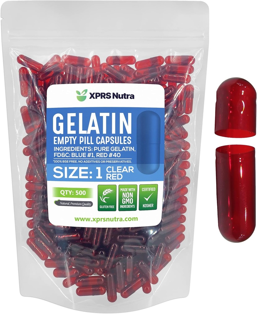 XPRS Nutra Maat 1 Lege Capsules - 500 Telle Gelatine Capsules in kleur - Pill DIY Supplement Capsule Vulbare Gel Caps Pillen voor Do-It-Yourself Supplements (Wissen Rood)