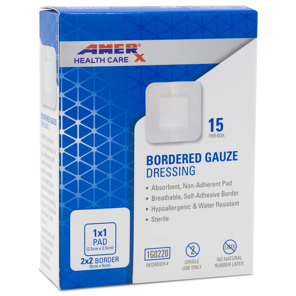 2" x 2" dressing (1x1 pad) AMERX omrand gaas - kleefbanden - waterresistent barrière - zelfklevende rand - ademend, hypoallergeen - 15 pads per doos