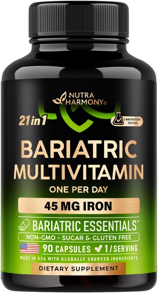 NUTRAHHARMONISATIE Bariatrische Multivitamine - 45 mg IJzersupplementen - Made in USA - voor vrouwen en mannen - All-in-One, 21 Essentiële Vitaminen - Maagsleeve Ondersteuning - Licht Tropische Smaak - 90 Capsules