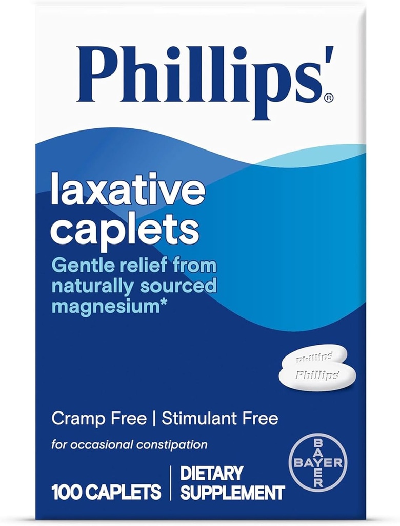 Phillips' Laxative Caplets, Met Natuurlijk Gebronzen Magnesium Supplement voor een milde verlichting van Occasional Constipatie, Kramp en Stimulant Gratis Laxatives, 100 Caplets