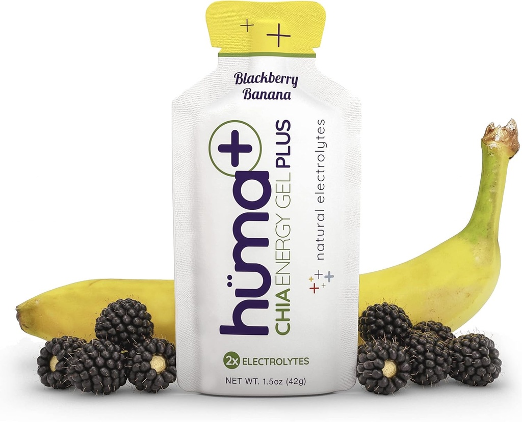 Huma Plus (Double Electrolytes) - Gel Chia Energy, BlackBerry Banana, 24 gels - Stomach Friendly, Gels d'énergie alimentaire réelle