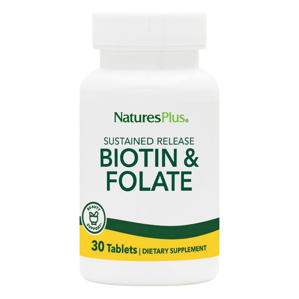 Natures Plus Biotine et acide folique (méthylfolate), libération prolongée - 30 comprimés végétariens - Vitamine B7 et Vitamine B9, soutient la croissance des cheveux, le booster énergétique, la vitamine prénatale - Sans gluten - 30 portions
