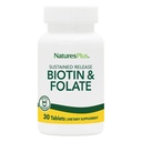 Natures Plus Biotine et acide folique (méthylfolate), libération prolongée - 30 comprimés végétariens - Vitamine B7 et Vitamine B9, soutient la croissance des cheveux, le booster énergétique, la vitamine prénatale - Sans gluten - 30 portions