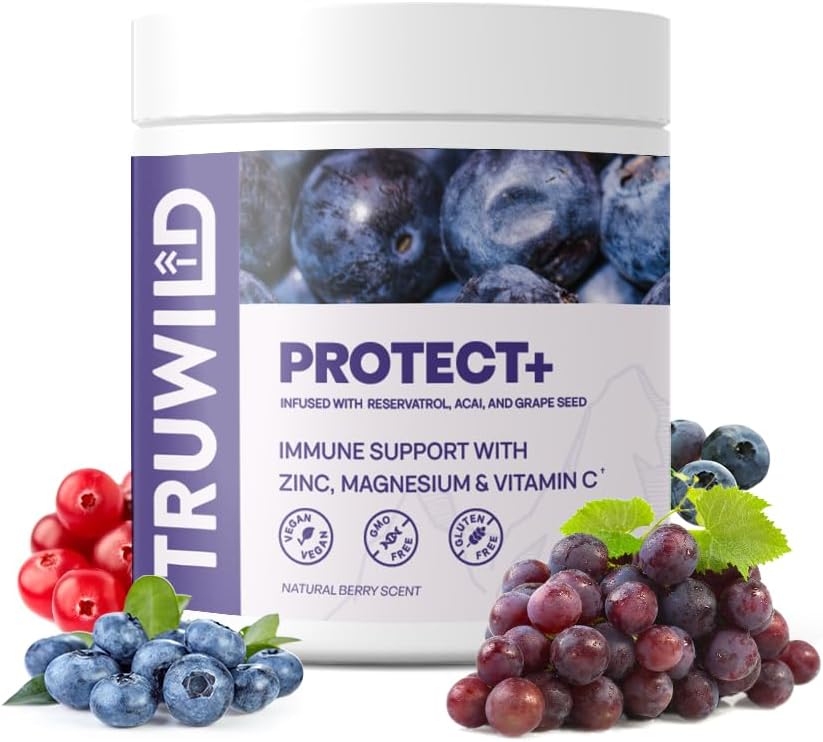 TruWild Protect+ Vegan Immune Support & Antioxidant, Alle natuurlijke vitamine C, Zink, Magnesium, Resveratrol, Acai, Niet GGO, Glutenvrije Capsule Supplement Made in The USA cGMP, 30 Servings
