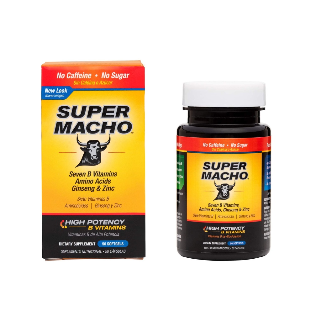 Super Macho Dieetsupplement met hoge sterkte Zink & 7 B Vitaminen, Geen conserveringsmiddelen, Suiker of Cafeïne, Made in USA, 50 Softgels (1 Pack)