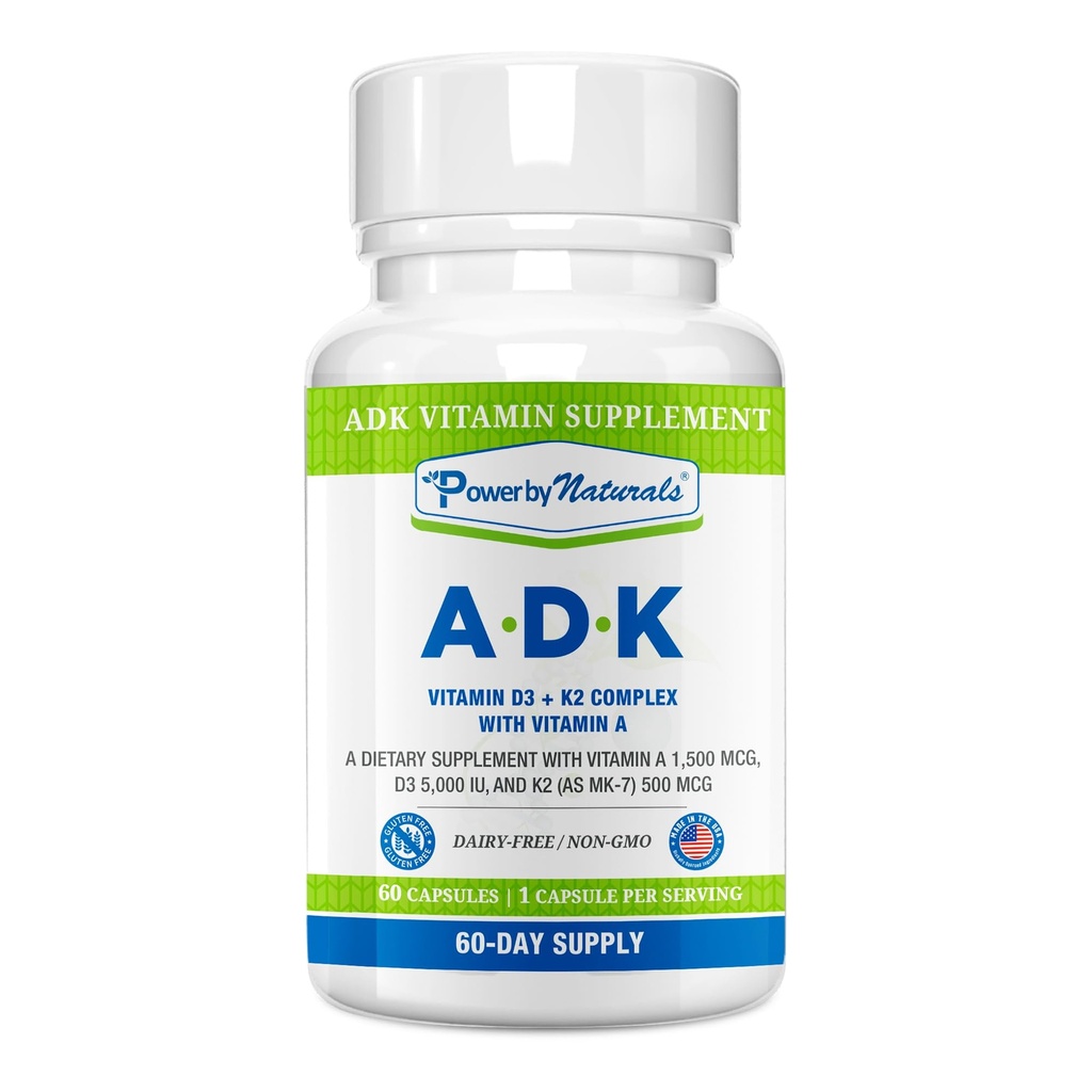 Power by Naturals ADK Vitamine Supplement - High Potency Blend van VIT A D3 K2 Vitamine 5000 iu - Ondersteuning bot, hart en immuun gezondheid - 60 capsules (2 maanden levering)