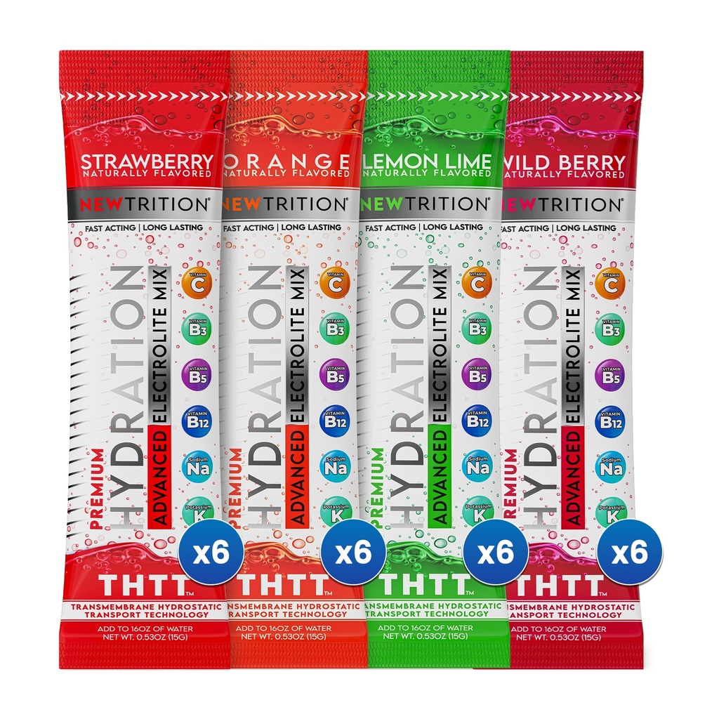 Poudre d'hydratation, 4 saveurs, pack de 24 emballages en poudre d'électrolyte, packs hydratants naturellement aromatisés pour l'eau, électrolytes à action rapide avec vitamines B&C, énergie et récupération