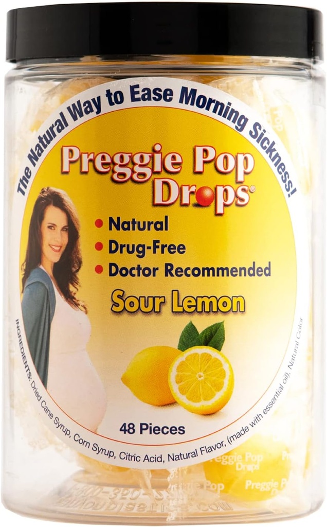 Preggie Pop Drops Morgen Ziekte - Preggie Pops voor Morning ziektehulp. Yummy Candy Drops voor zwangerschapsverlichting. Verzachtende verlichting voor zwangere vrouwen. Zure citroen 48 Graaf