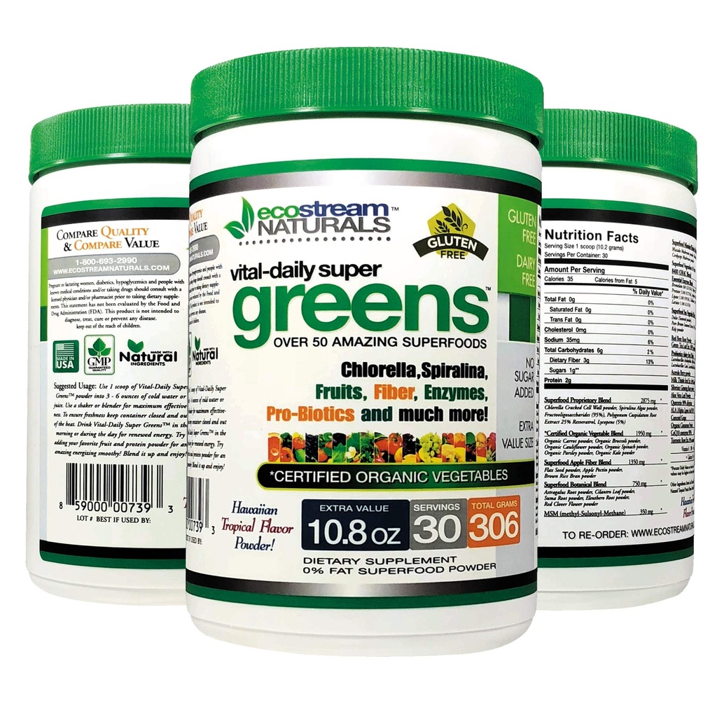 Vital First Daily Greens Superfood Poudre 50 Super aliments entiers avec Spiruline, Chlorella, Graines de lin, Fibre et Enzymes avec Verts organiques - 30 portions