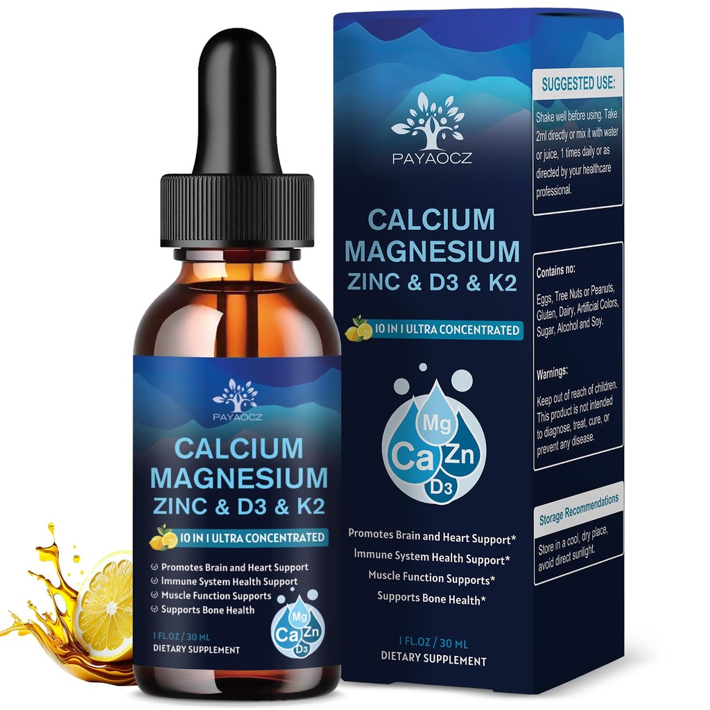 (1 Pack) Magnesium Calcium Zink Supplement met vitamine D3 K2 voor vrouwen, Magnesium Glycinate Vegan Liquid Drops voor volwassen Plus L-Theanine Boron Zee Mos Extract, Bot, Slaap & Leg Kramps, 1 Fl Oz