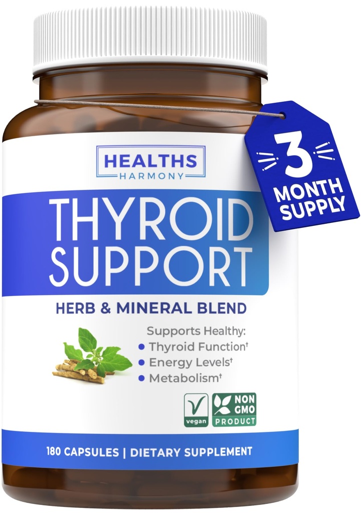 Schildklierondersteuning met jood - 180 capsules (Non-GMO) Verbeter uw energie - Ashwagandha Root, Zink, Selenium, Vitamine B12 Complex - Thyroid Health Supplement voor vrouwen en voor mannen - 90 dagen levering